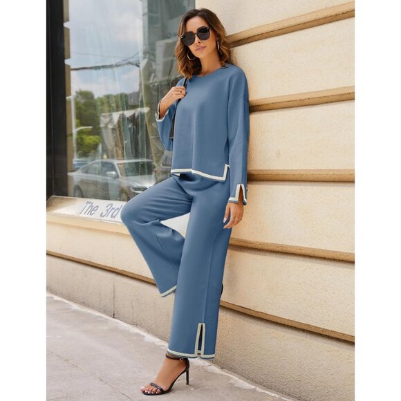 Women's Blue Long Sleeve Knit Sweater Top & Wide Leg Pants Lounge Set - Picture 6 of 6